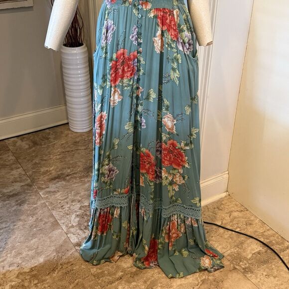 JAASE Maxi Dress Smocked Waist Green Floral Size Large BOHO Cottage Core Indiana - Picture 6 of 6